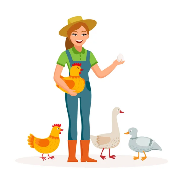 Cheerful girl farmer is holding an egg and cute hen in hands cartoon characters in flat design isolated on white background. Chicken, duck, goose Farm eggs vector illustration. Poultry farming concept — Stock Vector