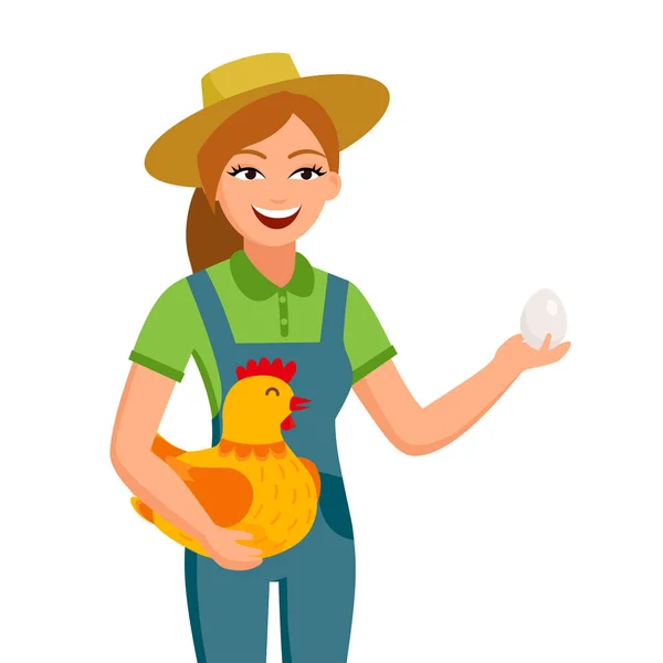 Cheerful girl farmer is holding an egg and cute hen in hands cartoon characters in flat design isolated on white background. Chicken farm eggs vector illustration. Poultry farming concept. — Stock Vector