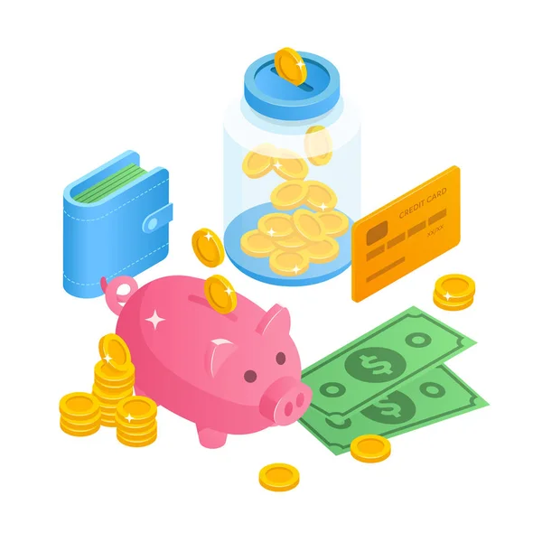 Ilustración del concepto de ahorro de dinero en diseño isométrico 3D. Piggy Bank, tarro de dinero, efectivo, monedas, billetera con iconos de vectores de colección de dinero . — Archivo Imágenes Vectoriales