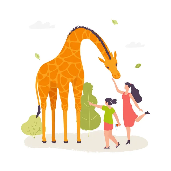 Girls in the zoo interacting with the giraffe vector illustration in flat design. Giraffe cartoon character isolated on white background. — Stock Vector