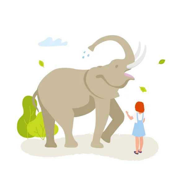 Cute small girl looking at the large elephant in the contact zoo vector flat illustration. African Elephant isolated on white background. — Stock Vector