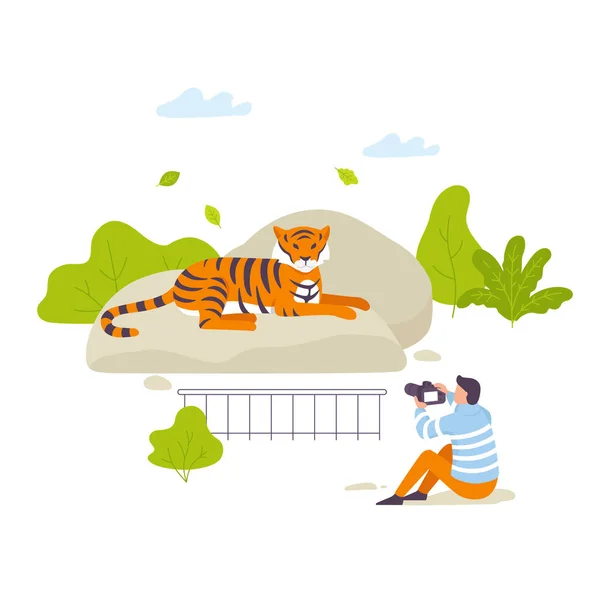 Fotografía de hombre en safari haciendo una imagen de un tigre en el zoológico vector ilustración plana . — Vector de stock