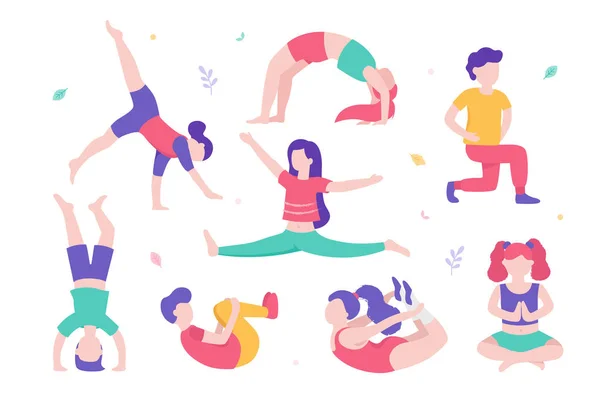 Children doing physical exercises set of various poses and cute cartoon characters of kids isolated on white background. Vector illustration in flat design, infographic elements. — Stock Illustration Children doing physical exercises set of various poses and cute cartoon characters of kids isolated on white background. Vector illustration in flat design, infographic elements. Royalty Free Stock Illustrations
