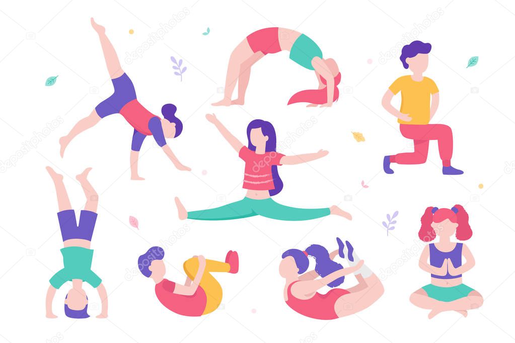 Children doing physical exercises set of various poses and cute cartoon characters of kids isolated on white background. Vector illustration in flat design, infographic elements.