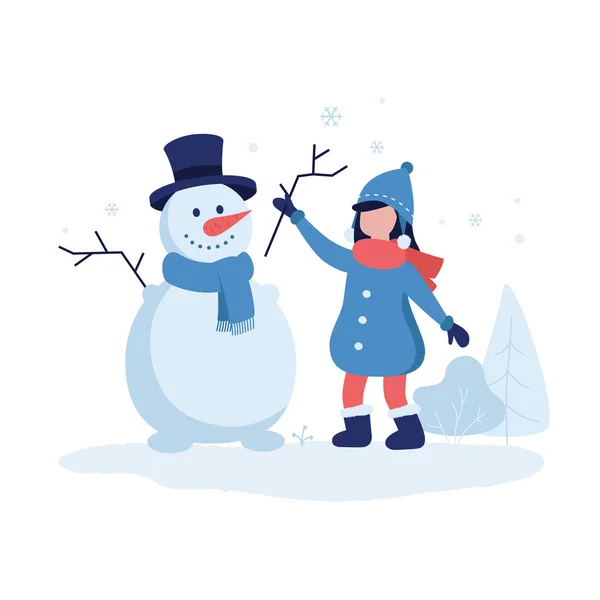 Sevimli kız düz tasarımında bir kardan adam vektör çizim yapma. Ağaçlar, çalılar ve afiş, kartpostallar ve web grafikleri oluşturmak için uçan kar taneleri ile kış arka plan. Neşeli çizgi film karakterleri. — Stok Vektör