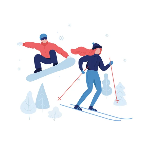 Les gens skient et snowboard en hiver parc zone de repos vecteur plat illustration isolée sur fond blanc. Conception de concept d'activités hivernales pour bannières, cartes postales, affiches et graphiques web . — Image vectorielle
