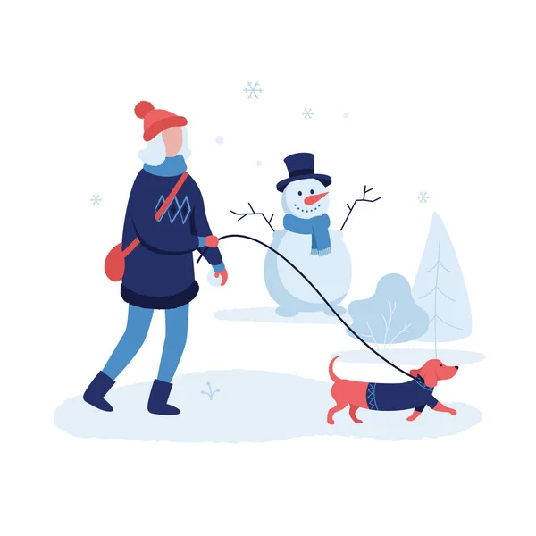 Girl walking the dog in winter park vector flat illustration isolated on white background. Winter background with cute snowman and flying snowflakes flat design for banner, postcards and web graphics