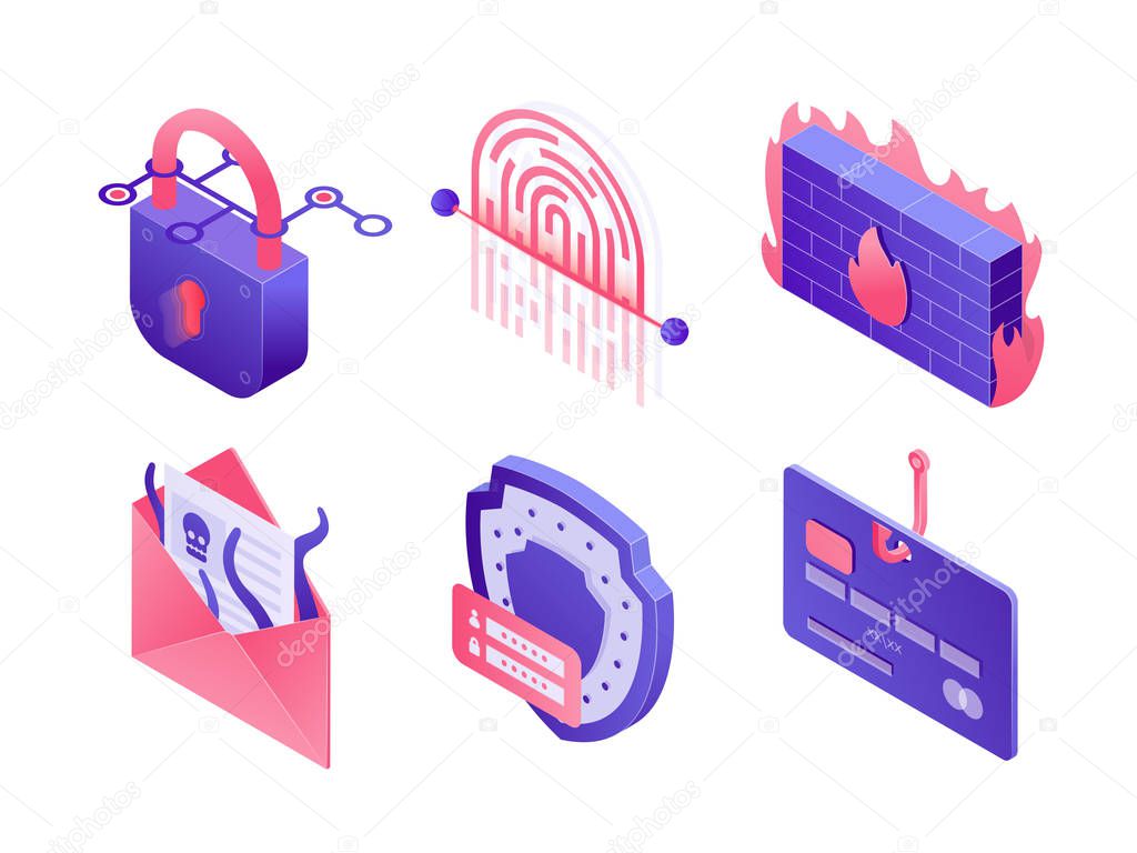 Cyber security isometric icons isolated on white background. Set of illustrations of secure data, email protection, safe mailing, payment, fingerprint scanner, padlock, password phishing, firewall