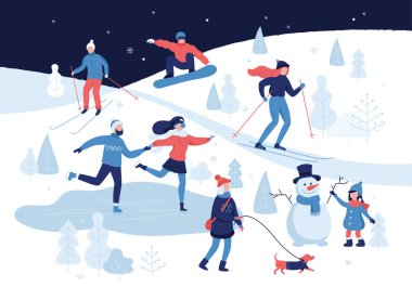İnsanların, kış aktiviteleri park, Kayak, buz pateni, snowboard, kız köpek yürüyüş kız şirin bir kardan adam yapmak karakterler düz tasarım üzerinde beyaz izole karikatür. Vektör çizim.