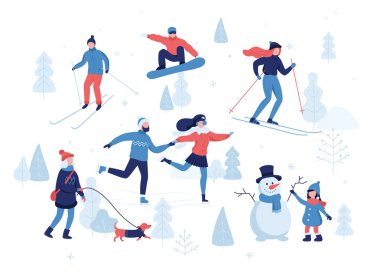 İnsanların, kış aktiviteleri park, Kayak, buz pateni, snowboard, kız köpek yürüyüş kız şirin bir kardan adam yapmak karakterler düz tasarım üzerinde beyaz izole karikatür. Vektör çizim.