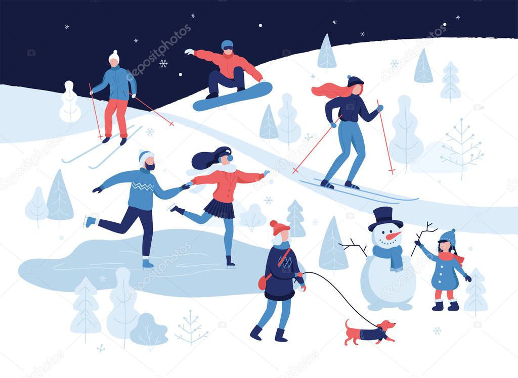 People having winter activities in park, skiing, skating, snowboarding, girl walking the dog, girl making a cute snowman, cartoon characters in flat design isolated on white. Vector illustration.