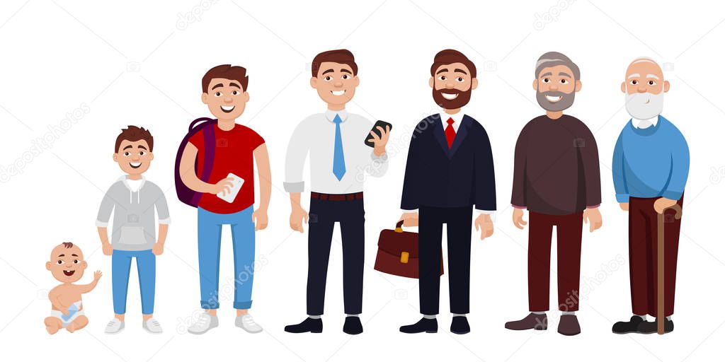 Life cycle of man from childhood to old age vector flat illustration. Cheerful cute cartoon characters isolated on white background for infographic design and web graphic.
