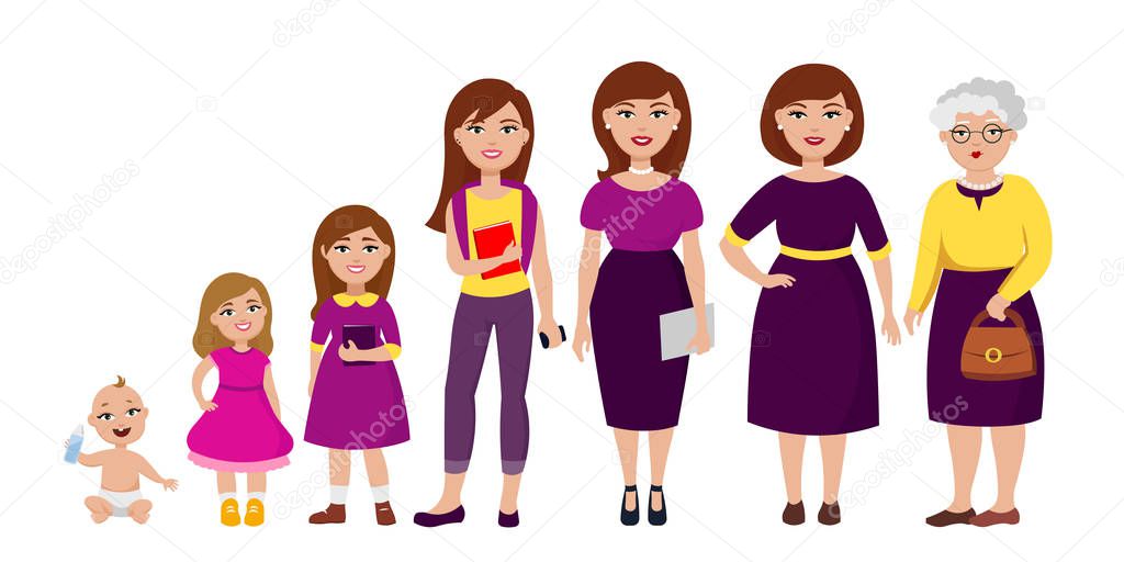 Life cycle of woman from childhood to old age vector flat illustration. Cheerful cute cartoon characters isolated on white background for infographic design and web graphic.