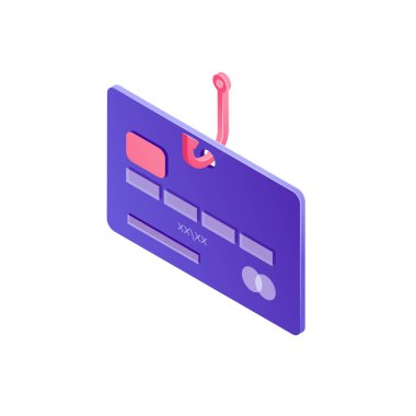 Siber güvenlik kavramı resimde 3 boyutlu tasarım. Kimlik avı dolandırıcılığı, banka hesabı, çevrimiçi dolandırıcılık, aldatmaca ve hacker saldırı. Kredi kartı izometrik çizimde tasarımını kesmek.