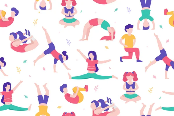 Kinderen doen van activiteiten en sporten in platte ontwerp vectorillustratie. Kinderen in het park naadloze patroon geïsoleerd op een witte achtergrond doen van fysieke oefeningen, yoga, stretching, gymnastiek, sport. — Stockvector