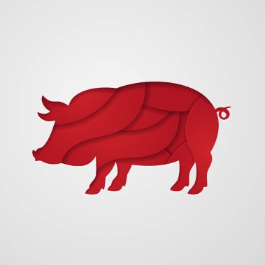 Domuz kağıt tasarımı Beyaz Kağıt arka plan üzerinde izole kesmek. Kırmızı domuz simgesi Çin yeni yılı 2019. Burç tebrik kartı, el ilanları, davet, afiş, broşür, afiş, takvim için.