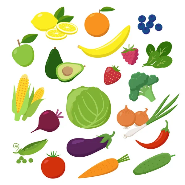 Große Menge Obst, Gemüse und Beeren in flachem Design isoliert auf weißem Hintergrund. Vegetarische Lebensmittel infografische Elemente. — Stockvektor