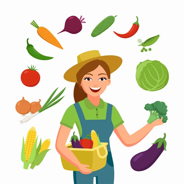 Flicka bonde och olika grönsaker i platta tecknad stil isolerad på vit bakgrund. Jordbruk och jordbruk affärsidé vektor illustration för banners, infografik och andra design. — Stock vektor