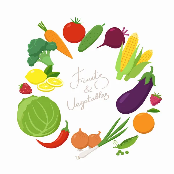 Verduras frescas alrededor del lugar de texto en diseño plano aislado sobre fondo blanco. Ilustración del vector de concepto de comida vegetariana. Marco redondo de varias frutas y verduras y texto de letras dentro — Vector de stock