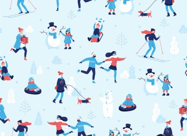 Kış sporları açık havada seamless modeli. İnsanlar, eğlenceli ve kış faaliyetlerini parkta olması Kayak, buz pateni, snowboard, şirin bir kardan adam yapmak belgili tanımlık köpek yürüyüş karikatür düz tasarımında karakterler.