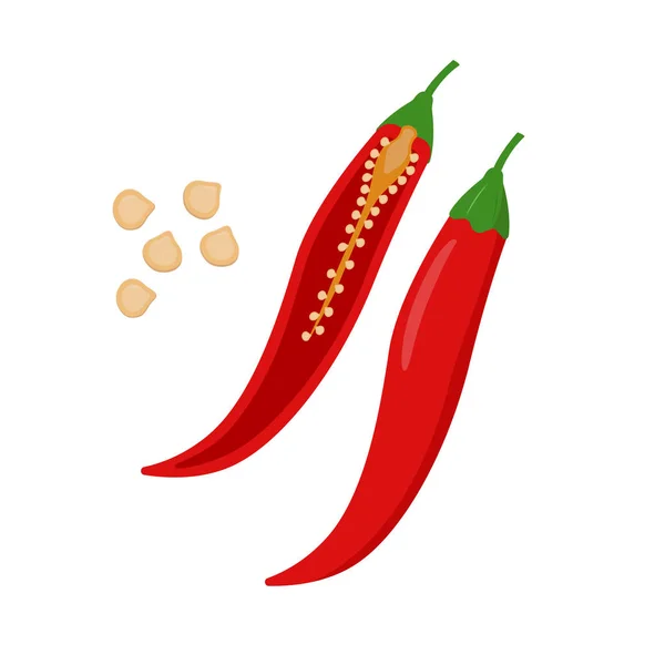 Chili paprika vektor lapos illusztráció. Egész és felére csökkent chilipaprika és a magok elszigetelt fehér background. Csomagolás design elem — Stock Vector