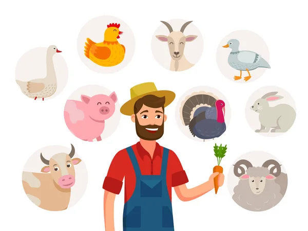 Vidám mezőgazdasági termelő és a saját állatállomány körülötte. Készlet, farm állatok körülötte, rajzfilmfigurák elszigetelt fehér background, illusztrációk, lapos Design. Kecske, tehén, sertés, juh, tyúk, pulyka, liba. — Stock Vector