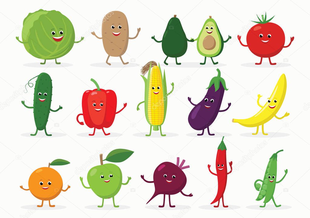 Large set of funny fruits and vegetables cartoon characters smiling with hands and legs isolated on white background. Cheerful food mascots in flat design.