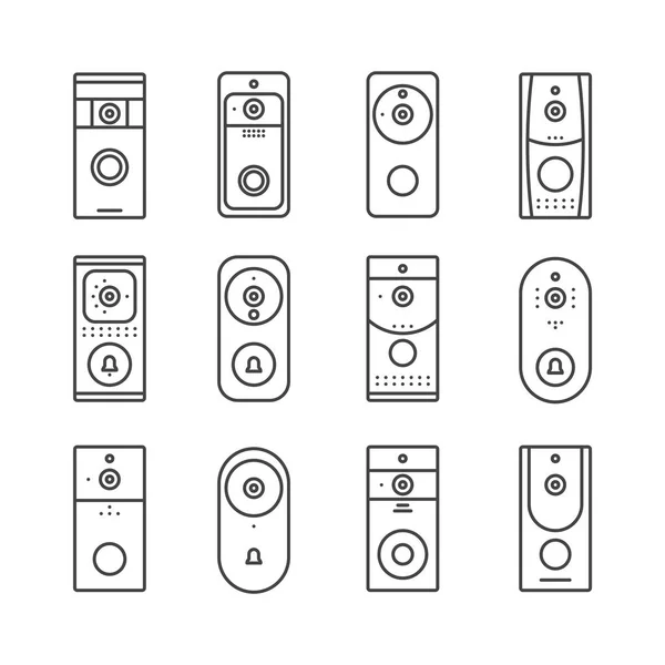 Dispositivos domésticos inteligentes, conjunto Internet das Coisas. Toques de campainha remotos, aparelhos para casa ou escritório. Ícones de arte de linha fina. Ilustrações de estilo linear. Projeto plano vetorial. Campainhas sem fios . — Vetor de Stock