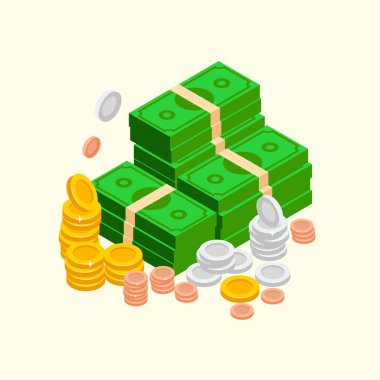 Para izometrik simgesi, altın ve gümüş paralar ile vektör çizim ve nakit, kağıt dolar demetleri yığını. Servet resimli koşulu öğeleri.