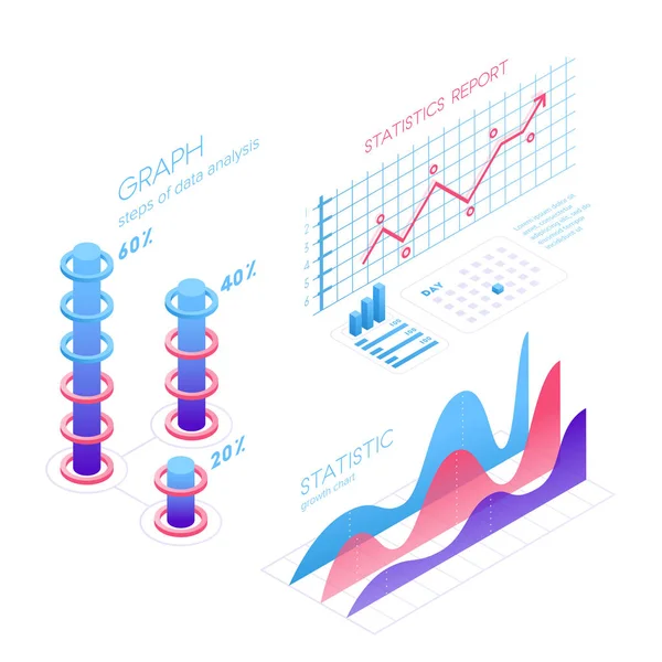 Elementos infográficos isométricos com gráficos, estatísticas, visualização de dados, análise, relatório, diagramas de barras, gráficos em design 3D plano isolado em fundo branco —  Vetores de Stock