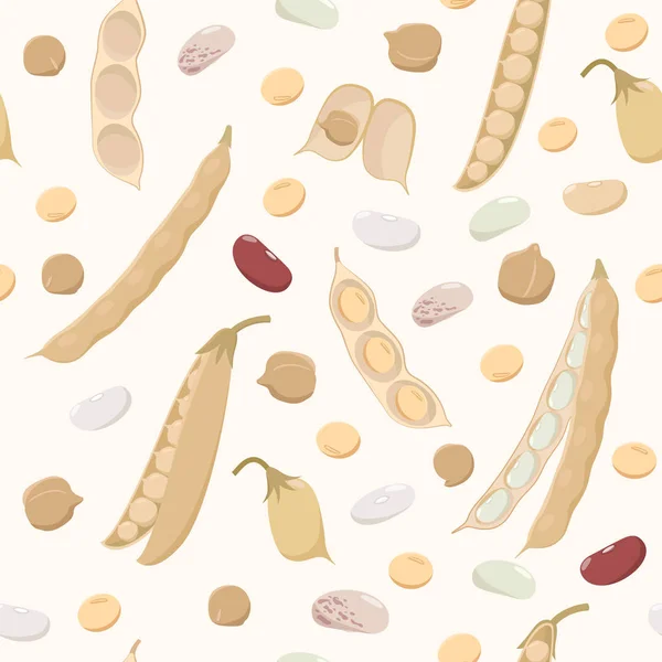 Legumes seamless pattern in flat design. Beans, chickpeas, peas, soybeans and pods isolated on light background, bean plant fruits texture. — Stock Vector