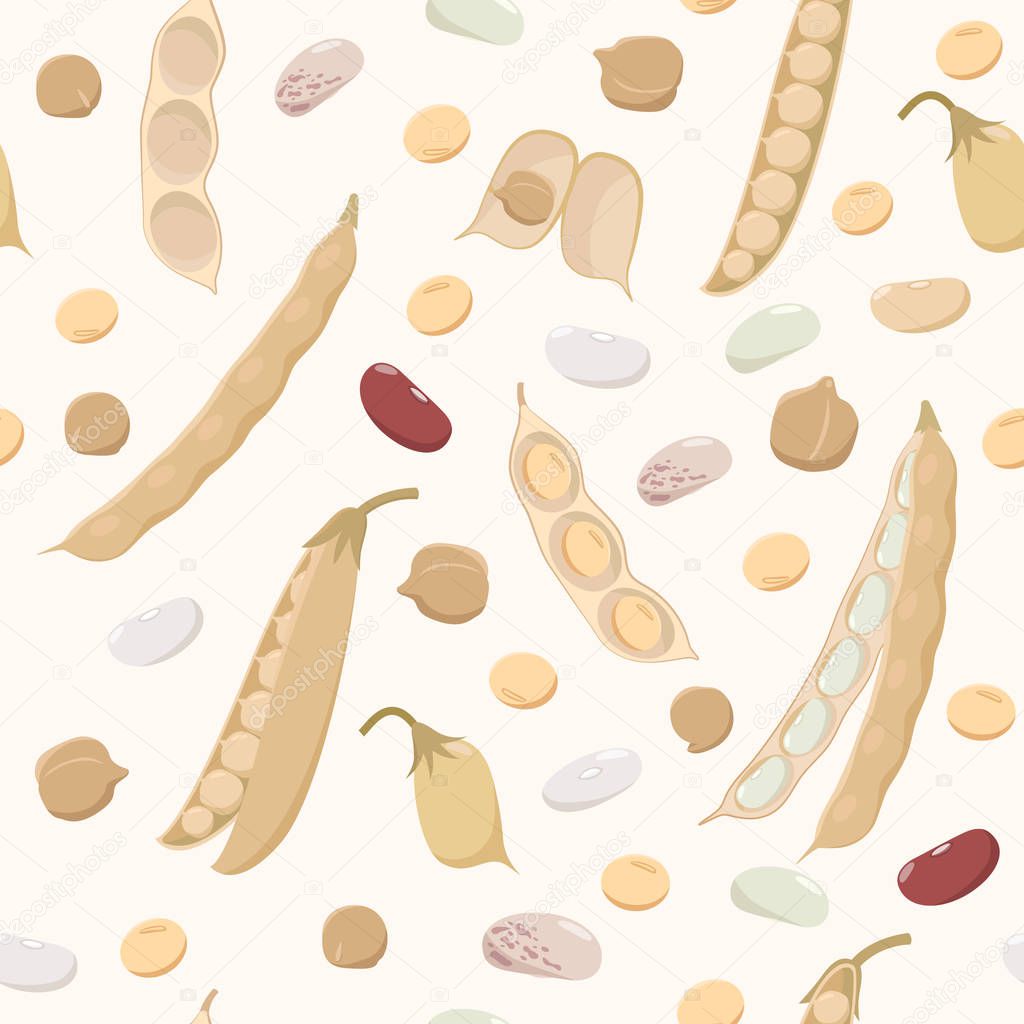 Legumes seamless pattern in flat design. Beans, chickpeas, peas, soybeans and pods isolated on light background, bean plant fruits texture.