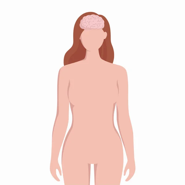 Gehirn auf Frau Körper Silhouette Vektor medizinische Illustration isoliert auf weißem Hintergrund. menschliches inneres Organ in bösen Infografik-Elementen in flachem Design platziert. — Stockvektor