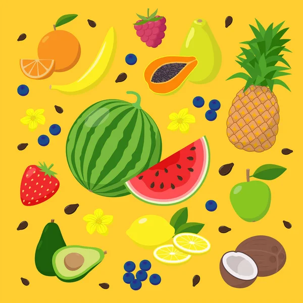 Letní ovoce a bobule sady vektorových ilustrací izolovaných na žlutém pozadí v plochém designu. Letní koncept ilustrace s meloun, avokáda, papáje, kokosový, banán, ananas, citrón. — Stockový vektor