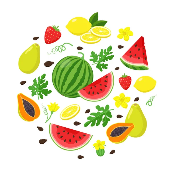 Reihe von Sommerfrüchten in flachem Design, Vektorillustration isoliert auf weißem Hintergrund. Wassermelone, Papaya, Zitrone, Erdbeere. Illustration zum Sommerzeitkonzept. — Stockvektor