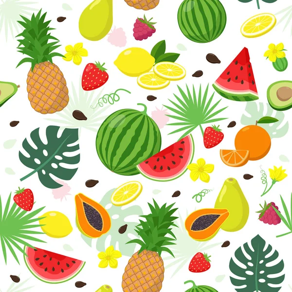 Fruits d'été et feuilles tropicales motif sans couture isolé sur fond blanc. Illustration du concept d'été . — Image vectorielle