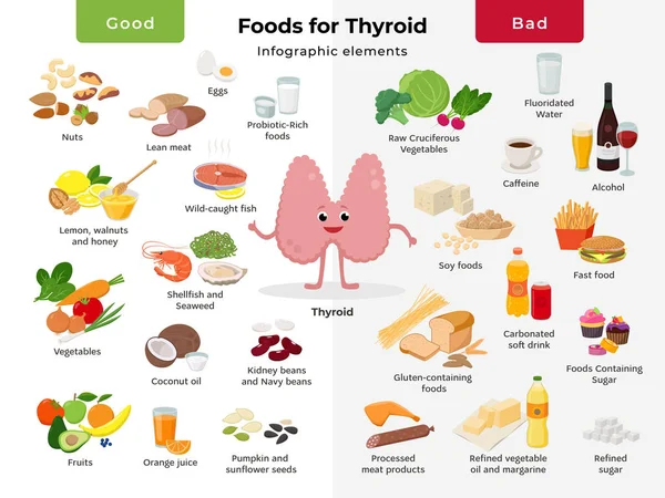Thyroidní postava a potraviny pro štítné žlázu, dobré a špatné pokrmy nastavené v plochém designu izolovaně na bílém pozadí. Nutriční identifikační prvky štítné žlázu. — Stockový vektor