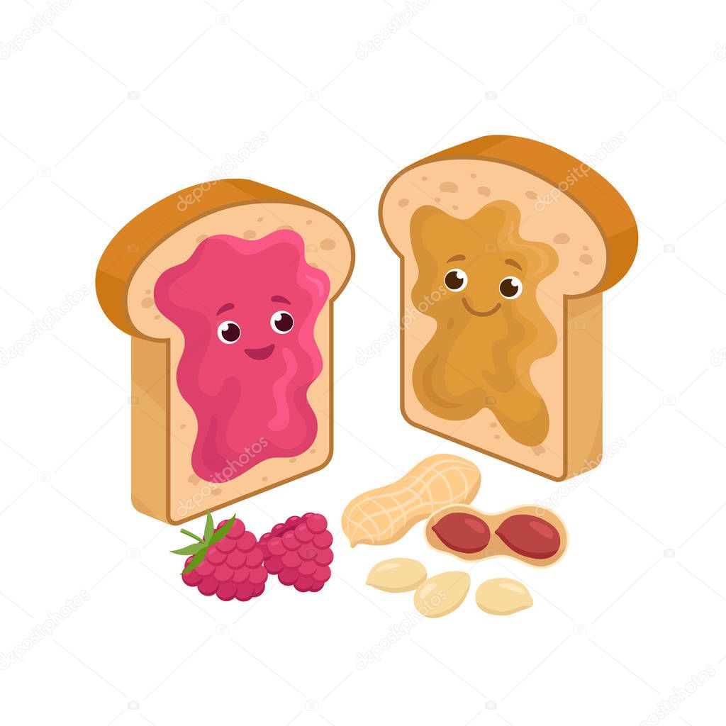 Cheerful Peanut Butter and Jelly Jam on the loaf Bread Sandwiches Cartoon characters and peanuts and raspberries isolated on white background. Vector illustration in flat design.