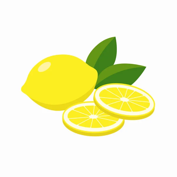 Seluruh lemon dan irisan lemon, limpa daun vektor ilustrasi dalam desain datar diisolasi pada latar belakang putih . - Stok Vektor