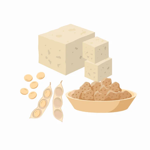 Tofu en sojabonen pod met soja zaden en soja vlees in de plaat geïsoleerd op witte achtergrond. Vector illustratie in plat ontwerp. — Stockvector