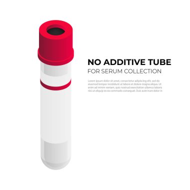 İzometrik tasarımda serum toplama için additine tüp vacutainer, beyaz arka plan üzerinde izole vektör illüstrasyon. Kırmızı kapak infografik elemanı ile vakum tüp, kan tüpü izometrik simgesi.