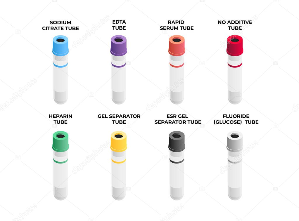 Vacutainers various types set in isometric design isolated on white background. Blood collection tubes icon set in flat design.