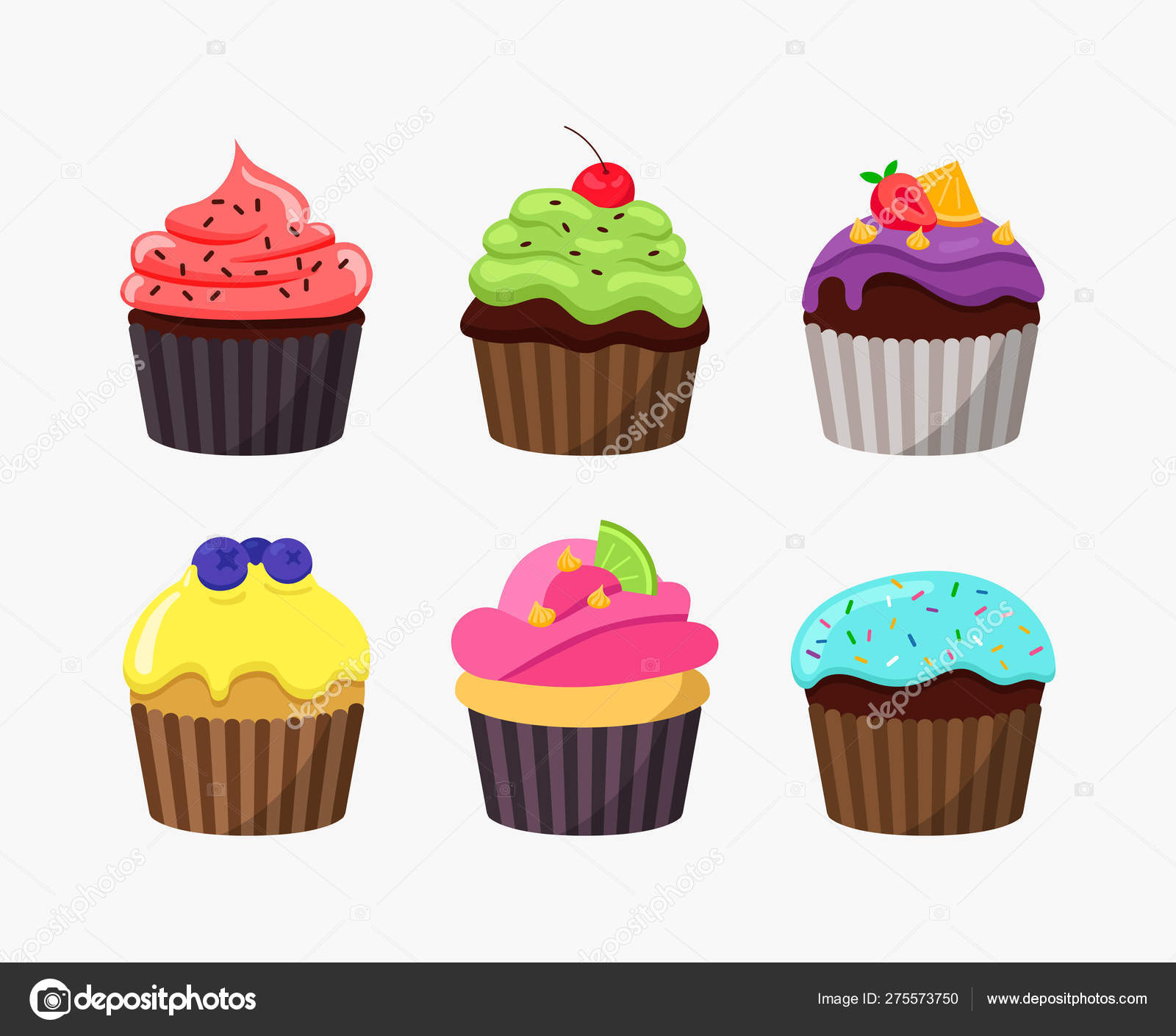 Cupcakes in cartoon flat design isolated on white background. Cute tasty  cakes vector colorful illustration. Stock Vector by ©Bezvershenko 275573750, image size:1600x1409