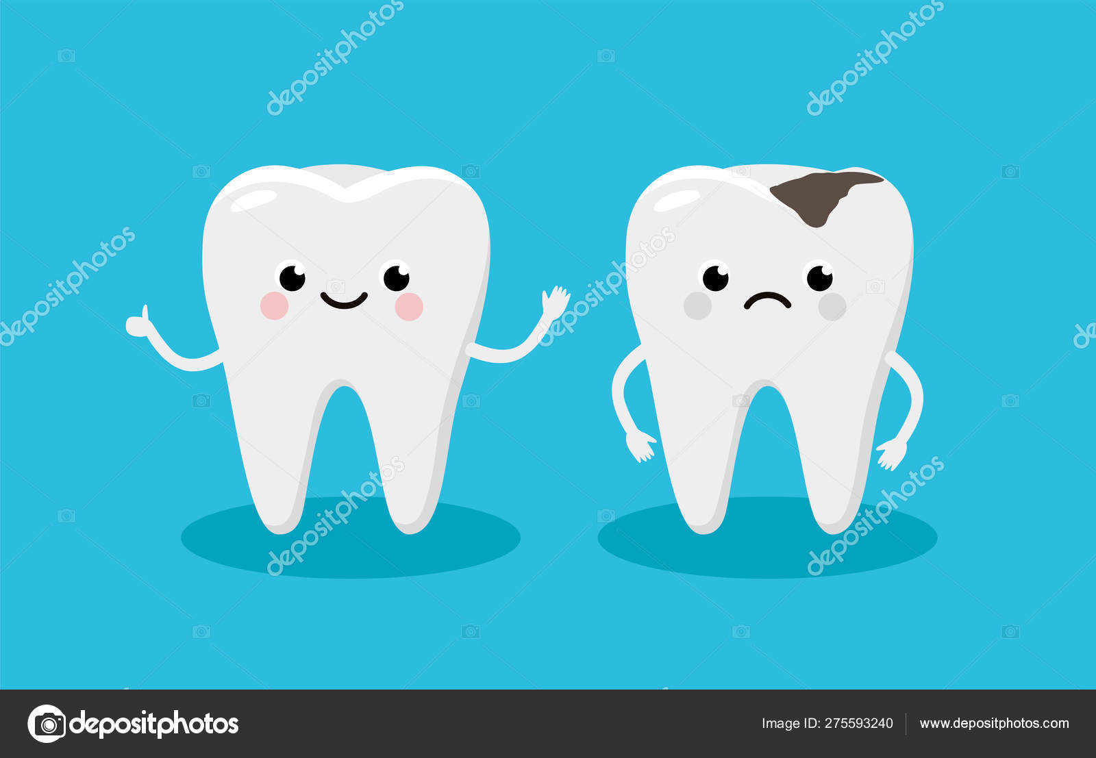 Happy Healthy Tooth and Moody Tooth with cavity Cartoon characters in flat  design. Dental Infographic elements concept vector illustration in flat  design. Stock Vector Image by ©Bezvershenko #275593240