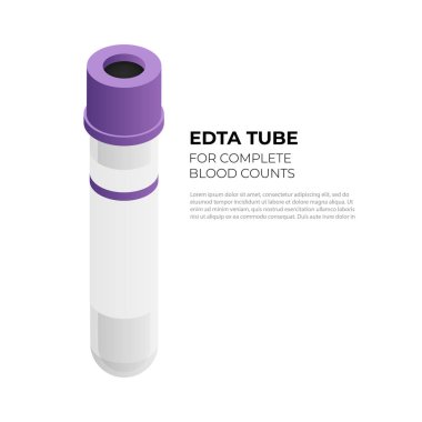 İzometrik tasarımda tam kan sayımı için Edta tüp vacutainer, beyaz arka plan üzerinde izole vektör illüstrasyon. Mor kapak infografik elemanı ile vakum tüp, kan tüpü izometrik simgesi.