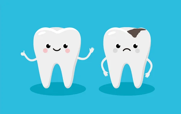 Veselý zdravý zub a Moody tooth s dutinou kreslené postavy ve Flat-designu. Zubní Infografické prvky koncepční ilustrace v plochém designu. — Stockový vektor