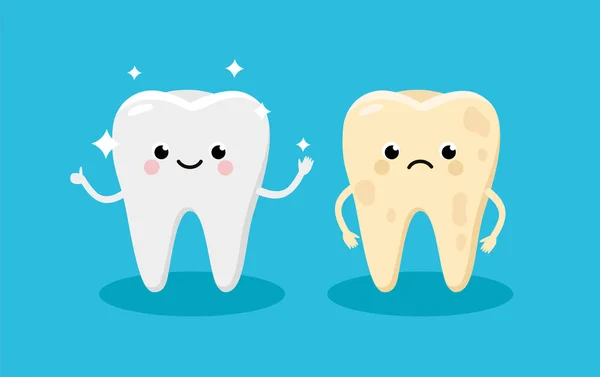 Pro čištění a bělení zubů se jedná o vektorové ilustrace. Sněhurka Happy tooth a žlutá Moody tooth kreslené postavy v plochém designu. Zub před a po bělení infografických prvků. — Stockový vektor