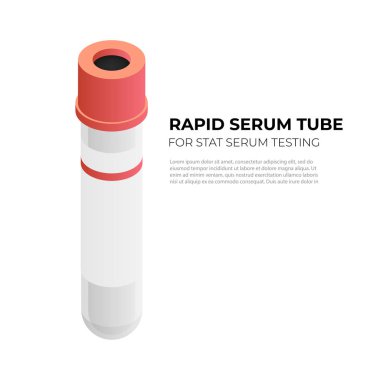 İzometrik tasarımda stat serum testi için hızlı serum tüpü vacutainer, beyaz arka plan üzerinde izole vektör illüstrasyon. Turuncu kapak infografik elemanı ile Vakum tüp, kan tüpü izometrik simgesi.
