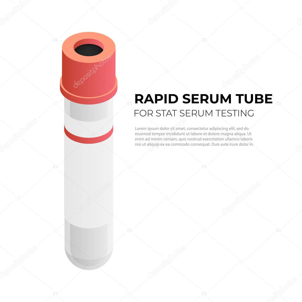 Rapid serum tube vacutainer for stat serum testing in isometric design, vector illustration isolated on white background. Vacuum tube with orange cap infographic element, blood tube isometric icon.