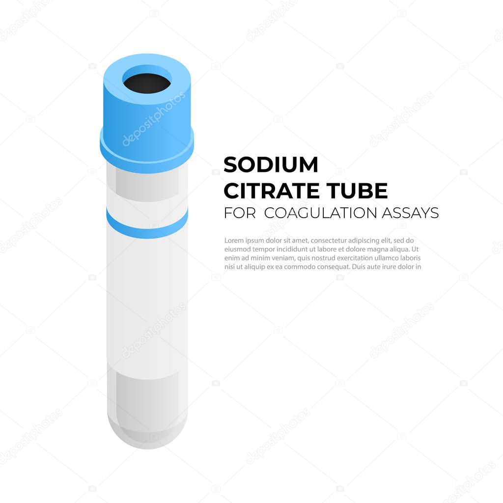 Sodium citrate tube vacutainer for coagulation assays in isometric design, vector illustration isolated on white background. Vacuum tube with blue cap infographic element, blood tube isometric icon.